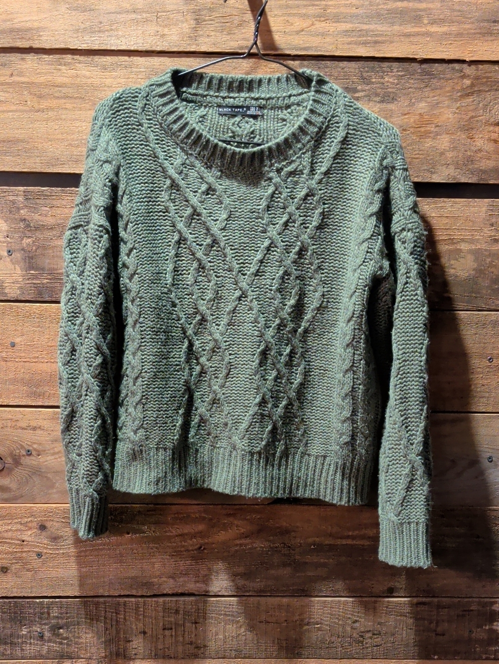 Black Tape_ Olive Green Cable-Knit Crewneck Sweater